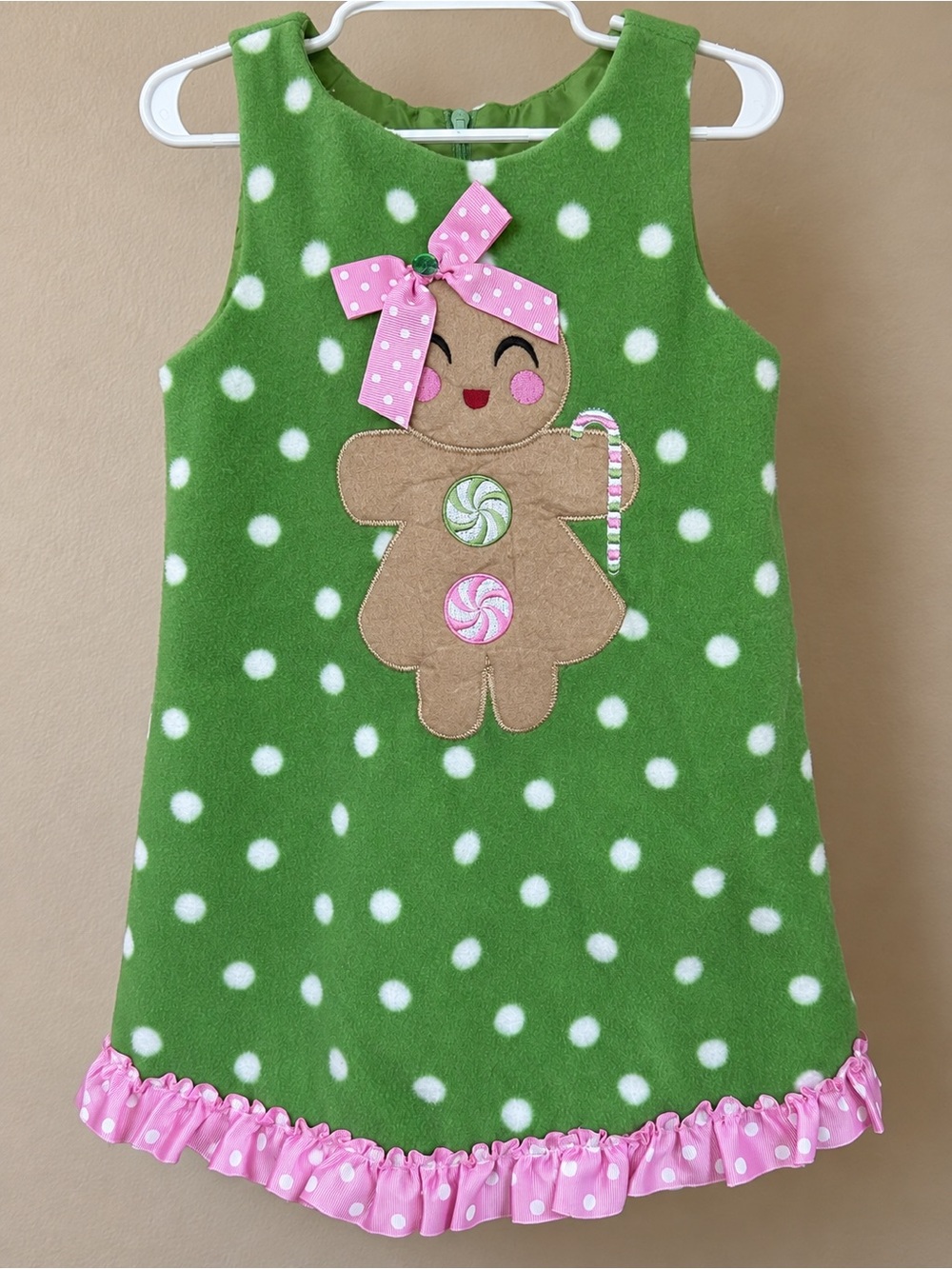 Green Polka Dot Gingerbread Applique Dress with Pink Accents - 3T